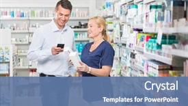  Presentation with pharmacy - Colorful slide set enhanced with chemist holding products in pharmacy backdrop and a ocean colored foreground