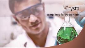  Presentation with laboratory chemical - Slide deck with chemist holding up beaker background and a coral colored foreground