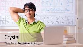  Presentation with periodic table - Amazing PPT layouts having chemist in front of periodic backdrop and a coral colored foreground