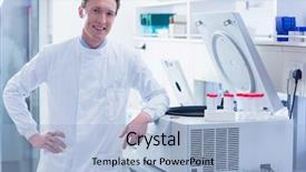  Presentation with chemist - Cool new PPT theme with chemist leaning against the centrifuge backdrop and a light blue colored foreground