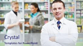  Presentation with powder pharmacy - Colorful PPT layouts enhanced with chemist man standing in pharmacy backdrop and a sky blue colored foreground