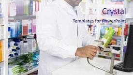  Presentation with barcode - Amazing PPT layouts having selling pharmacy - chemist scanning barcode of product backdrop and a sky blue colored foreground