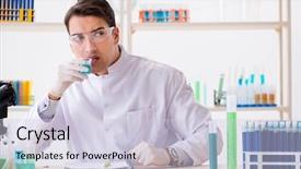  Presentation with chemicals - PPT theme having chemist student working in lab background and a  colored foreground