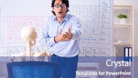  Presentation with teacher and student - Beautiful presentation theme featuring chemist teacher and student skeleton backdrop and a ocean colored foreground