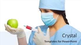  Presentation with fresh water splash green apple isolated white - Presentation having chemist with syringe and apple isolated on white background and a light blue colored foreground