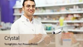  Presentation with chemist - Slide deck with chemist woman standing in pharmacy background and a coral colored foreground