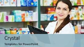  Presentation with chemist - Slide deck enhanced with chemist woman standing in pharmacy background and a light blue colored foreground