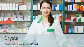 Presentation with business woman standing on maze - Presentation theme enhanced with chemist woman standing in pharmacy background and a sky blue colored foreground