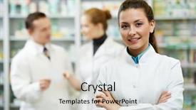  Presentation with chemist - Slides having chemist woman standing in pharmacy background and a soft green colored foreground