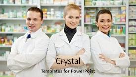  Presentation with chemist - Beautiful slide set featuring chemist woman standing in pharmacy backdrop and a soft green colored foreground