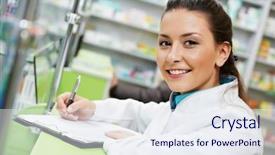  Presentation with industerial pharmacy - Amazing PPT theme having chemist woman standing in pharmacy backdrop and a sky blue colored foreground