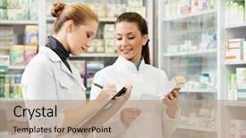  Presentation with chemist - Slide set having chemist women working in pharmacy background and a coral colored foreground