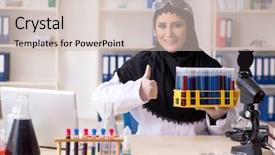  Presentation with hijab - Colorful PPT theme enhanced with chemister - female chemist in hijab working backdrop and a soft green colored foreground