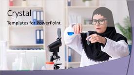  Presentation with hijab - Slide deck having chemister - female chemist in hijab working background and a  colored foreground