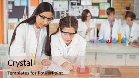  Presentation with journal - Slides enhanced with chemistry - attentive school girls writing background and a coral colored foreground
