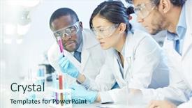  Presentation with chemical reaction - Beautiful presentation theme featuring chemistry - group of scientists studying reaction backdrop and a sky blue colored foreground