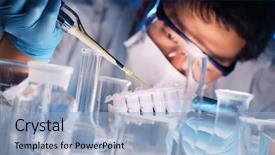  Presentation with scientist - Presentation enhanced with chemistry - scientist holds and examine samples background and a light blue colored foreground