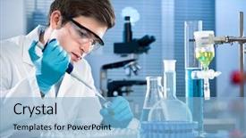  Presentation with scientist - Theme having chemistry - scientist working at the laboratory background and a light blue colored foreground