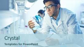  Presentation with scientist - Amazing slide deck having chemistry - scientist working backdrop and a light blue colored foreground