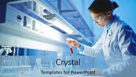  Presentation with working woman - Presentation design consisting of chemistry - young woman working with liquids background and a light blue colored foreground