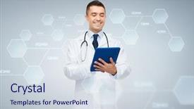  Presentation with chemistry tablet - Cool new slide set with chemistry biology technology people backdrop and a  colored foreground