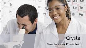  Presentation with public works students - Presentation with chemistry class - two students working with microscope background and a  colored foreground