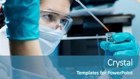  Presentation with personal protective equipment safety glasses - PPT theme featuring chemistry elements - woman with protective glasses flask background and a ocean colored foreground