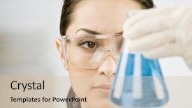  Presentation with liquid - PPT layouts consisting of chemistry experiments - female scientist looking at beaker background and a soft green colored foreground