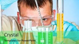  Presentation with test tubes - Slide set having chemistry experiments - scientist in laboratory with test background and a seafoam green colored foreground