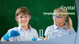  Presentation with chemical engieering - PPT theme featuring chemistry experiments - two schoolchildren working with chemical background and a  colored foreground