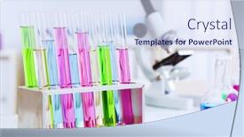  Presentation with glassware - Slide deck with chemistry laboratory glassware with colour liquids in them background and a sky blue colored foreground