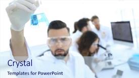  Presentation with drug development petri - Theme featuring chemistry matter - biochemist with flask petri sitting background and a sky blue colored foreground