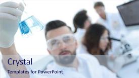  Presentation with drug development petri - Theme consisting of chemistry matter - biochemist with flask petri sitting background and a  colored foreground