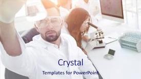  Presentation with desk - Slide set enhanced with chemistry matter - biochemist with flask petri sitting background and a  colored foreground