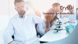  Presentation with desk - Beautiful presentation theme featuring chemistry matter - biochemist with flask petri sitting backdrop and a  colored foreground