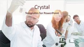  Presentation with desk - Presentation theme enhanced with chemistry matter - biochemist with flask petri sitting background and a  colored foreground