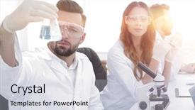  Presentation with desk - Colorful presentation enhanced with chemistry matter - biochemist with flask petri sitting backdrop and a light gray colored foreground