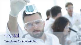  Presentation with drug development petri - Cool new slide deck with chemistry matter - biochemist with flask petri sitting backdrop and a  colored foreground