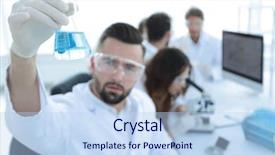  Presentation with desk - Cool new slides with chemistry matter - biochemist with flask petri sitting backdrop and a  colored foreground