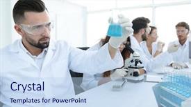  Presentation with drug development petri - Amazing PPT theme having chemistry matter - biochemist with flask petri sitting backdrop and a  colored foreground