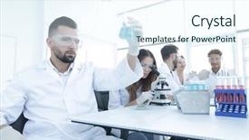  Presentation with desk - Audience pleasing PPT theme consisting of chemistry matter - biochemist with flask petri sitting backdrop and a  colored foreground