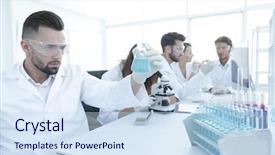  Presentation with desk - Slides having chemistry matter - biochemist with flask petri sitting background and a  colored foreground