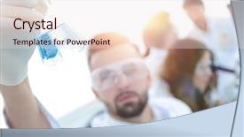  Presentation with desk - Beautiful presentation theme featuring chemistry matter - biochemist with flask petri sitting backdrop and a sky blue colored foreground