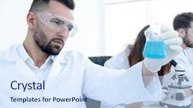  Presentation with beaker and flask nature - Cool new PPT theme with chemistry matter - biochemist with flask petri sitting backdrop and a sky blue colored foreground