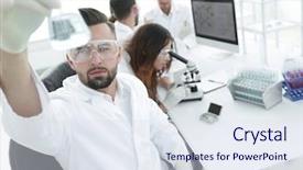  Presentation with desk - PPT theme with chemistry matter - biochemist with flask petri sitting background and a  colored foreground