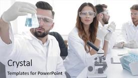  Presentation with drug development petri - Colorful PPT theme enhanced with chemistry matter - biochemist with flask petri sitting backdrop and a  colored foreground