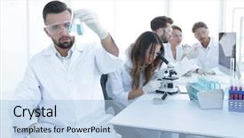  Presentation with drug development petri - Beautiful PPT theme featuring chemistry matter - biochemist with flask petri sitting backdrop and a light blue colored foreground