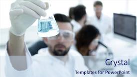  Presentation with desk - Beautiful presentation design featuring chemistry matter - biochemist with flask petri sitting backdrop and a  colored foreground