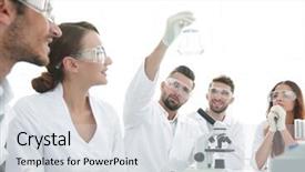  Presentation with biochemistry - PPT theme featuring chemistry matter - group of young workers are background and a  colored foreground