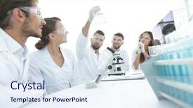  Presentation with biochemistry - Slides with chemistry matter - group of young workers are background and a  colored foreground